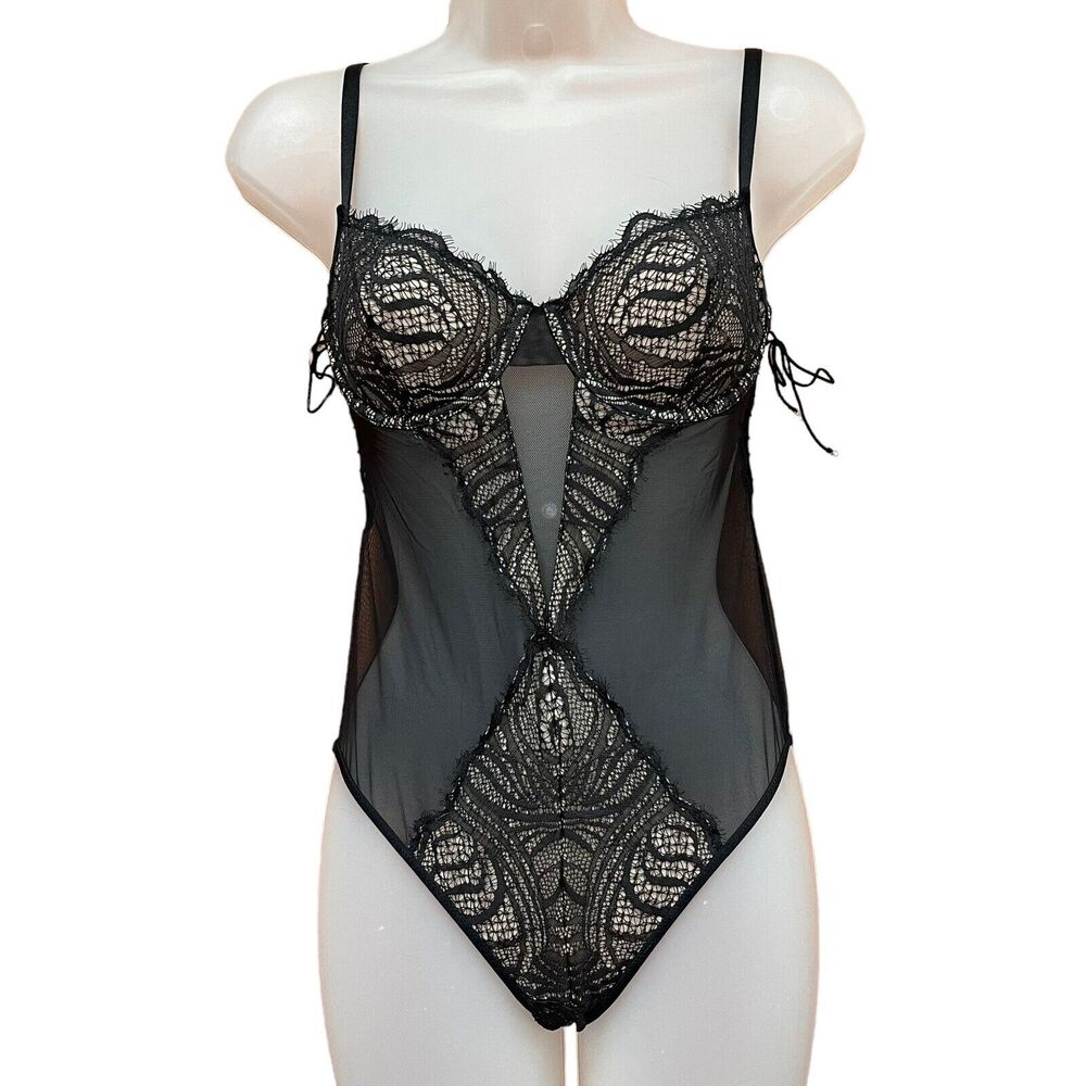 Victoria's Secret Size 34C Teddy Bodysuit Lingerie Black Lace Sheer Mesh